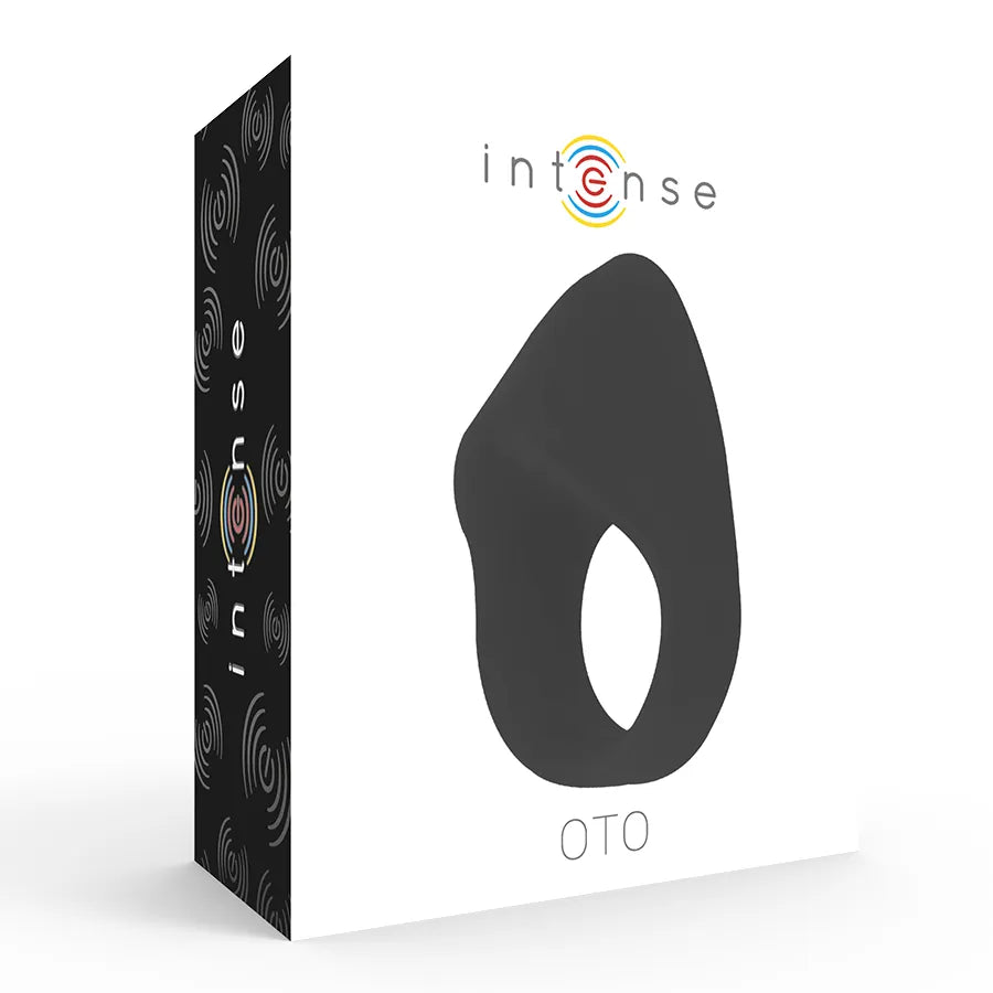Anneau vibrant noir en silicone médical, forme ergonomique, sur fond blanc, avec boîte de présentation élégante.
