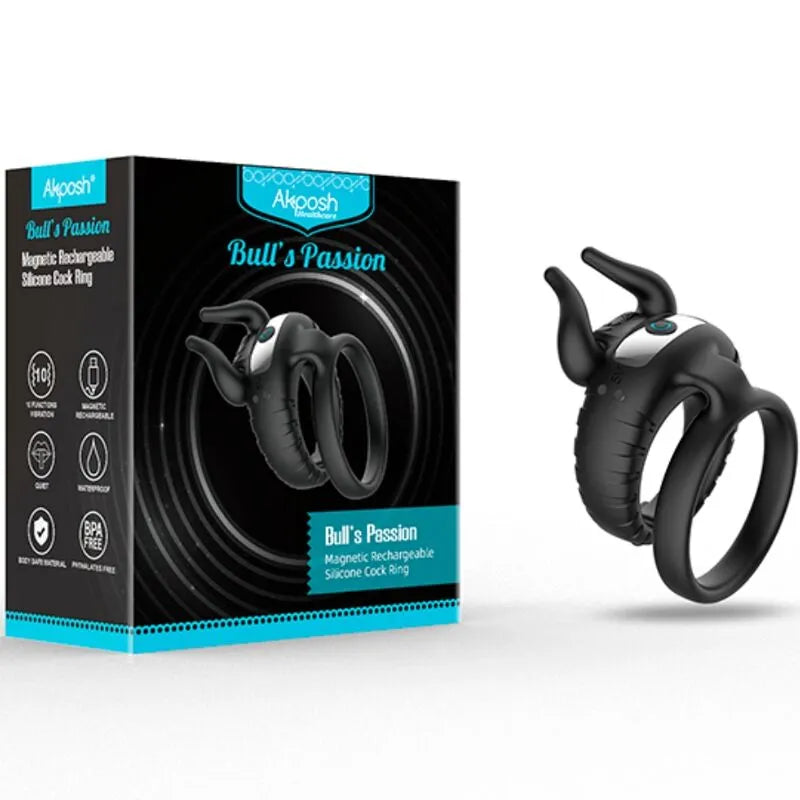 Anneau vibrant noir en silicone médical avec boîte, étanche, rechargeable, 10 modes, ergonomique, pour moments intimes.