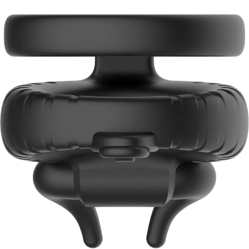 Anneau vibrant noir en silicone médical, design ergonomique, rechargeable, avec boutons de contrôle, pour moments intimes.