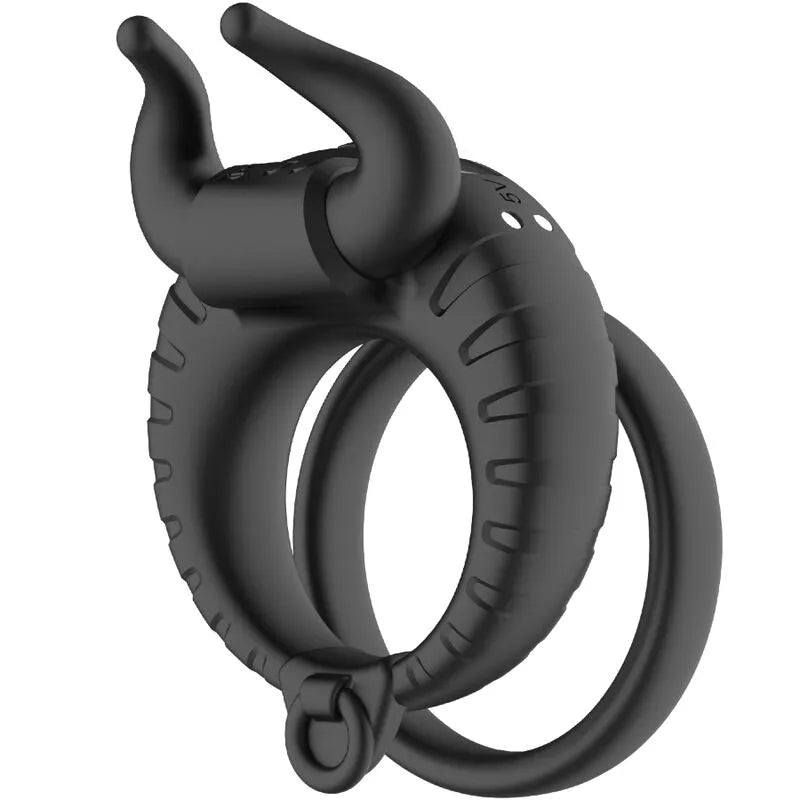 Anneau vibrant noir en silicone médical, étanche, rechargeable, avec 10 modes de vibration, design ergonomique.