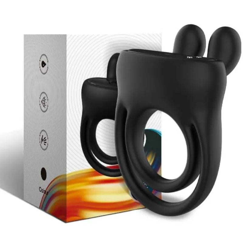 Anneau vibrant noir en silicone médical avec boîte, ergonomique, 9 modes de vibration, submersible et rechargeable.