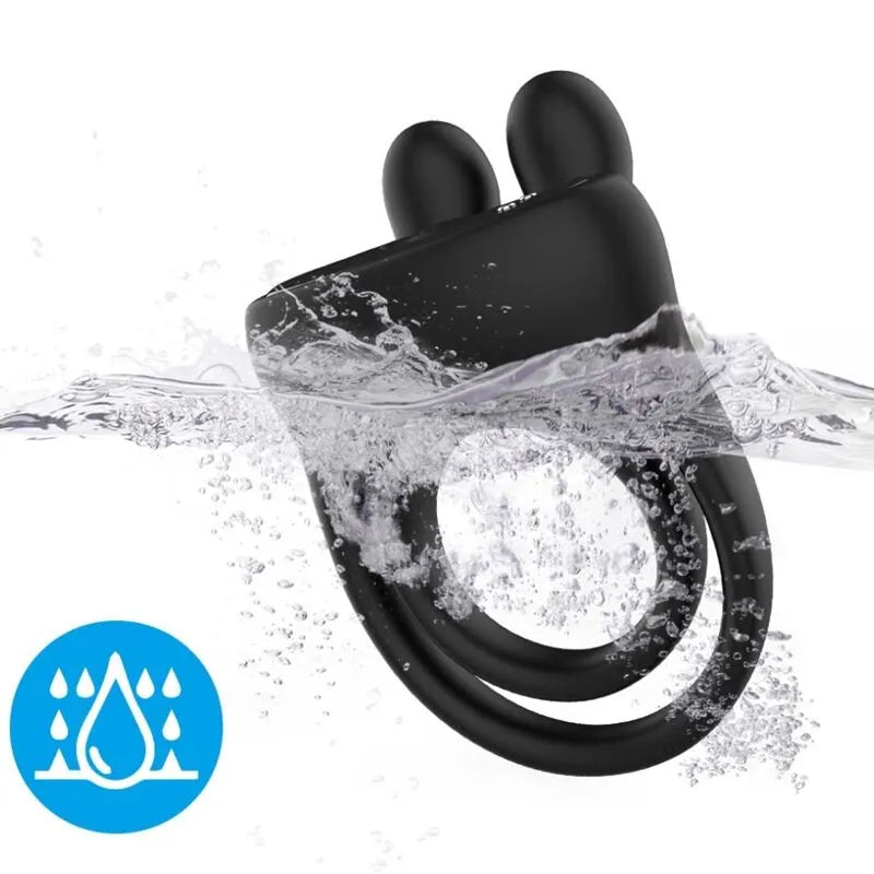 Anneau vibrant noir submersible en silicone médical, ergonomique, avec doubles moteurs et icône étanchéité.