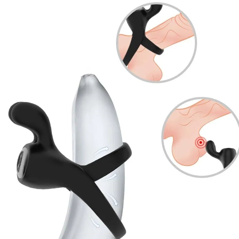 Anneau vibrant noir en silicone médical, submersible, ergonomique, avec modes de vibration, pour sensations aquatiques.