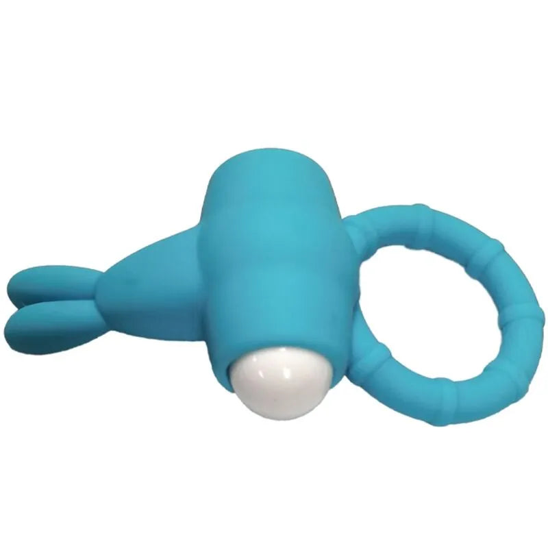 Anneau vibrant bleu submersible en silicone médical, forme ergonomique, stimulation aquatique, piles LR41 incluses.
