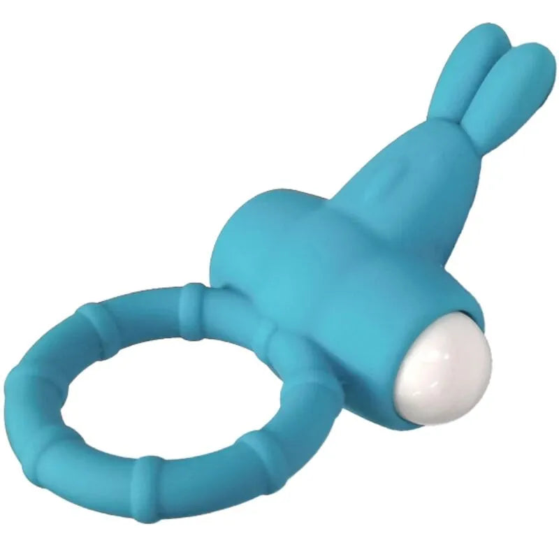 Anneau vibrant bleu en silicone médical, submersible, ergonomique, avec stimulation aquatique, piles LR41 incluses.