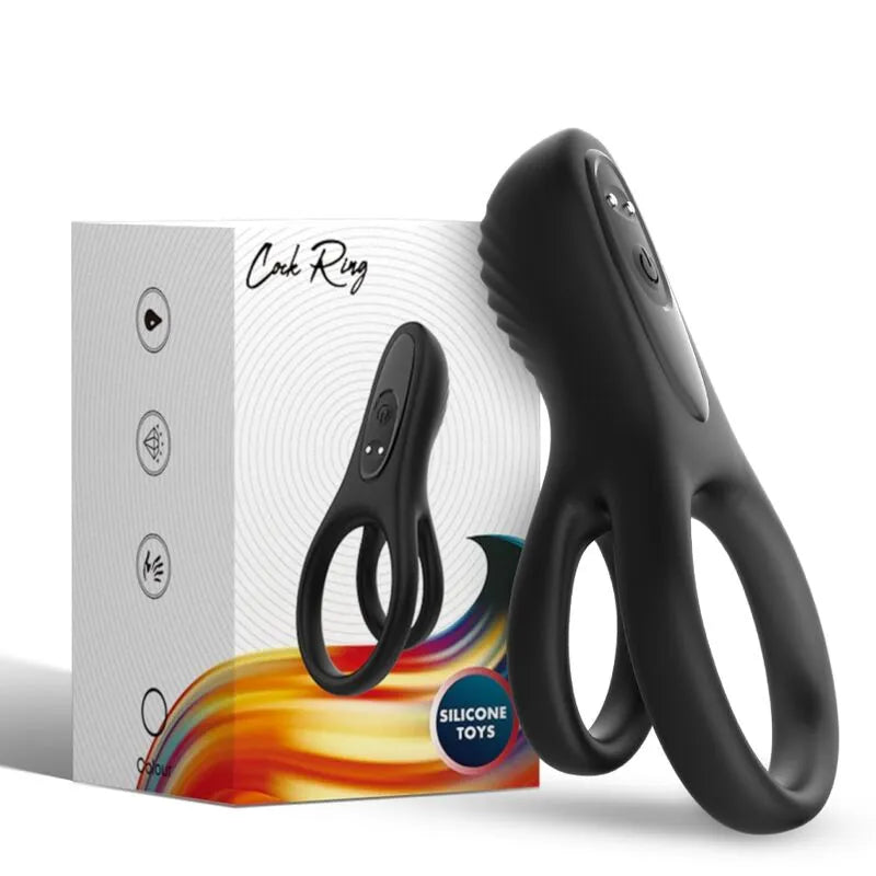 Anneau vibrant noir en silicone médical, forme ergonomique, avec boîte, rechargeable USB, neuf modes de vibration.