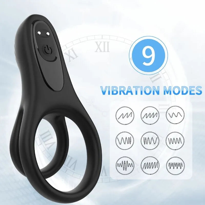 Anneau vibrant noir silicone médical, submersible, rechargeable, 9 modes vibration, ergonomique, compact, discret.
