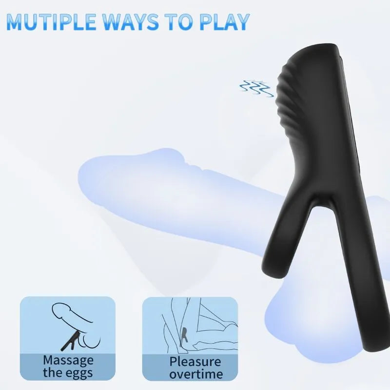 Anneau vibrant noir en silicone médical, design ergonomique, neuf modes de vibration, rechargeable et étanche.