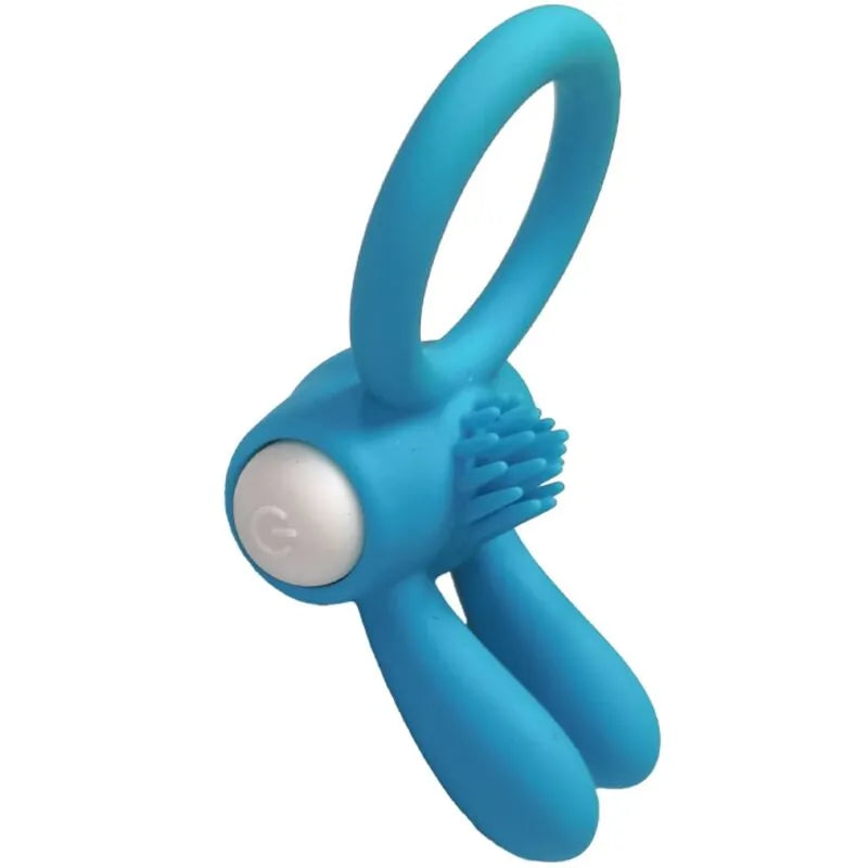 Anneau vibrant bleu en silicone médical, étanche, ergonomique, avec bouton blanc et texture stimulante, pour plaisir aquat...