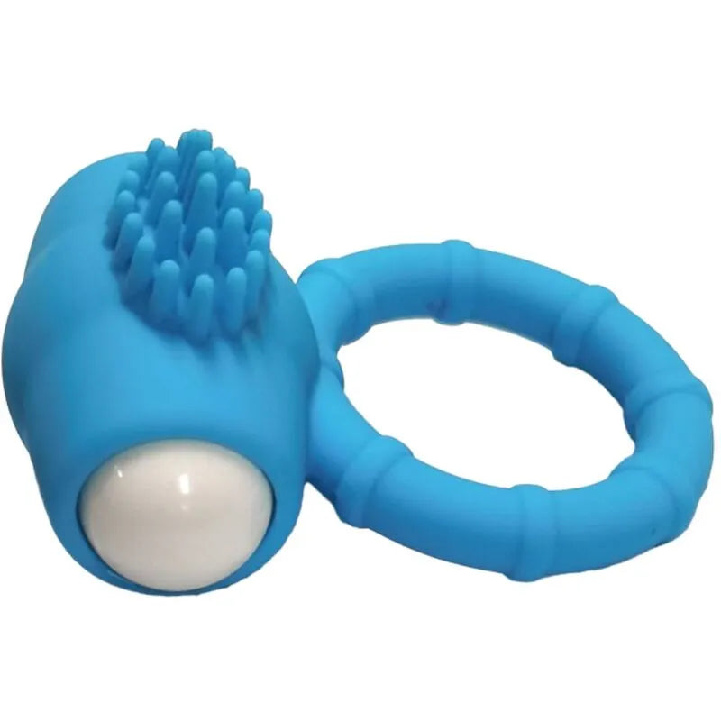 Anneau vibrant bleu en silicone médical, étanche, avec texture douce et picots, idéal pour plaisir aquatique.