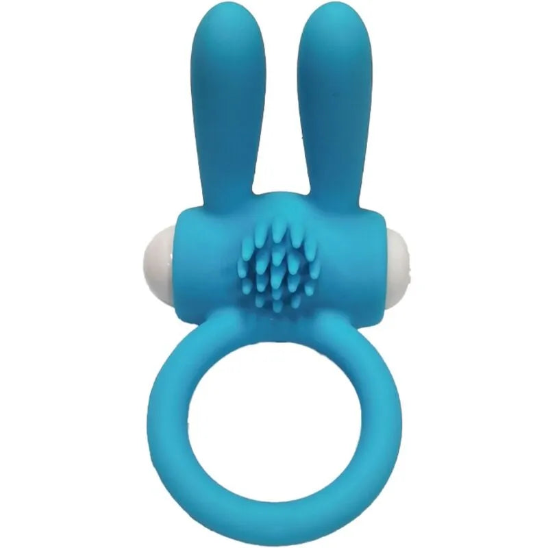 Anneau vibrant bleu en silicone médical, forme ergonomique avec oreilles, étanche, pour plaisir intime et aquatique.