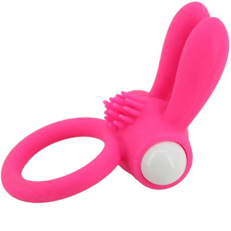 Anneau vibrant rose en silicone médical, forme ergonomique avec oreilles, étanche, hypoallergénique pour couples.