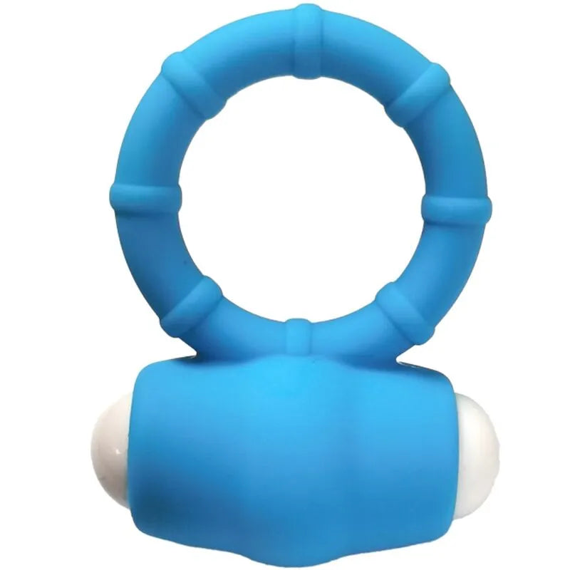 Anneau vibrant bleu en silicone médical, étanche et hypoallergénique, avec texture douce et design ergonomique.