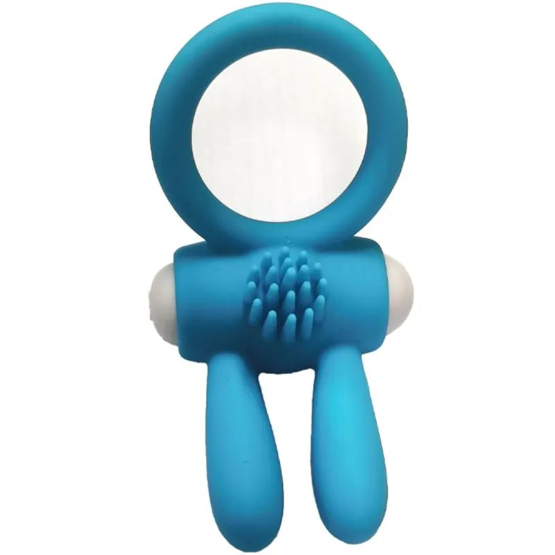 Anneau vibrant bleu en silicone médical étanche, forme ergonomique, stimulation intime, piles LR41, plaisir aquatique.