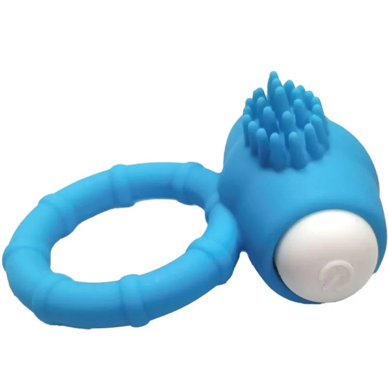Anneau vibrant bleu en silicone médical, étanche, avec texture douce et picots, idéal pour plaisir aquatique.
