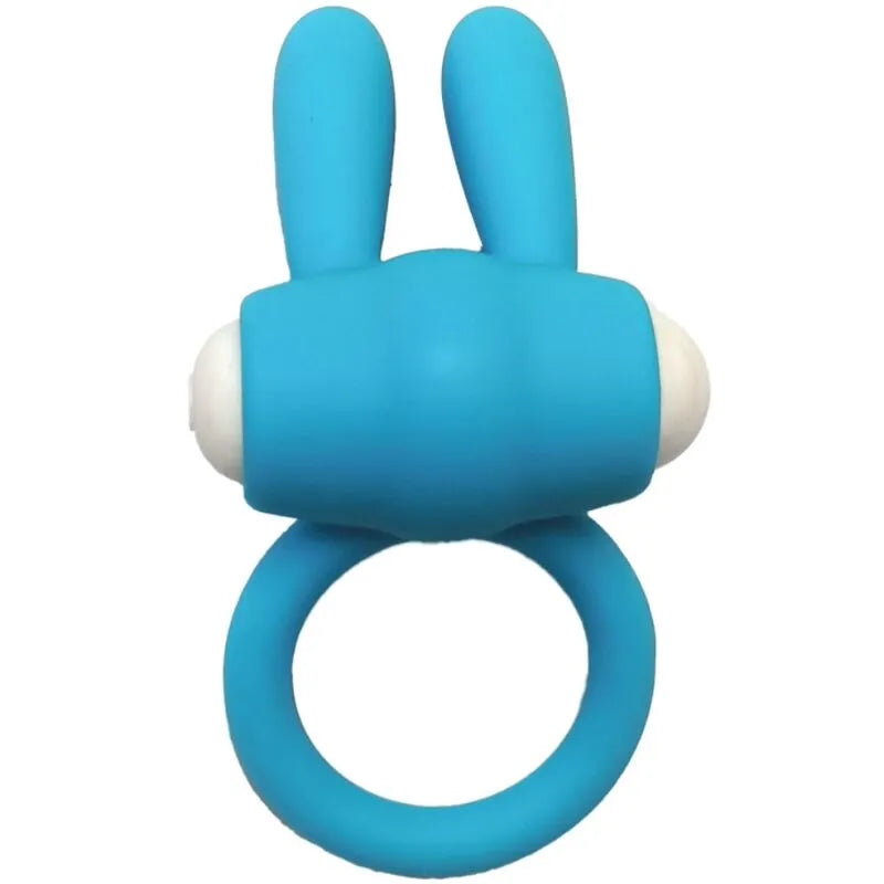 Anneau vibrant bleu en silicone médical étanche, forme ergonomique, stimulation couple, piles LR41, plaisir aquatique.
