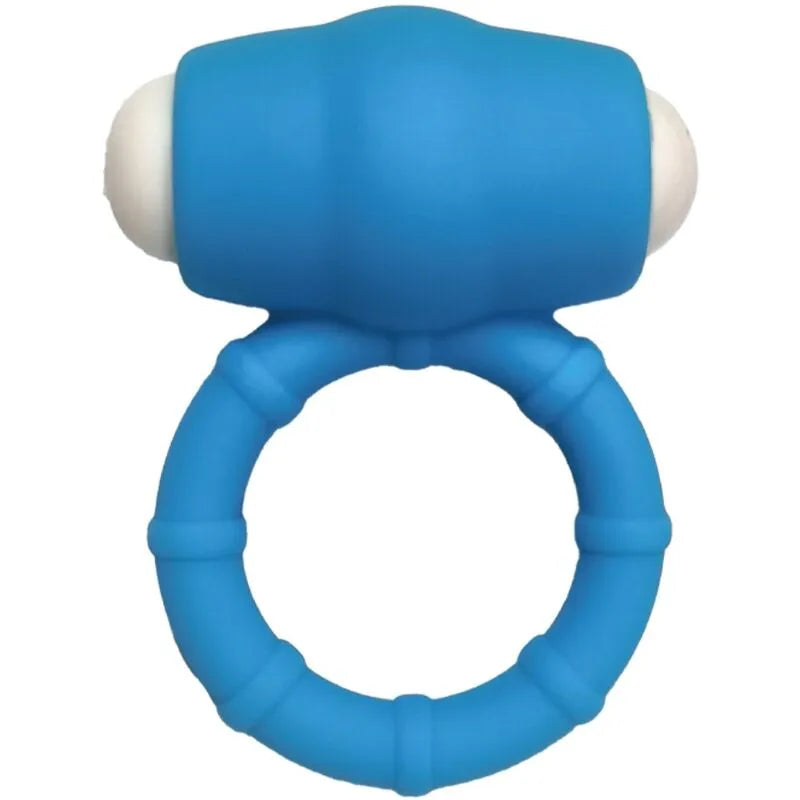 Anneau vibrant bleu en silicone médical, ergonomique et étanche, avec texture douce et hypoallergénique.