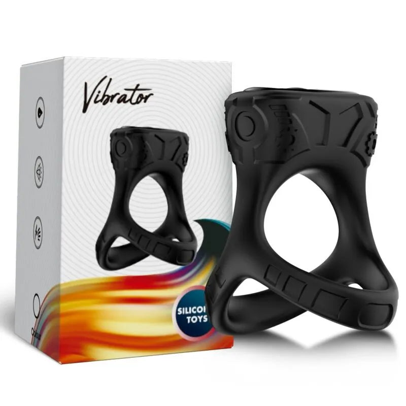 Anneau vibrant noir en silicone médical avec boîte, 9 modes de vibration, étanche et rechargeable USB, design ergonomique.