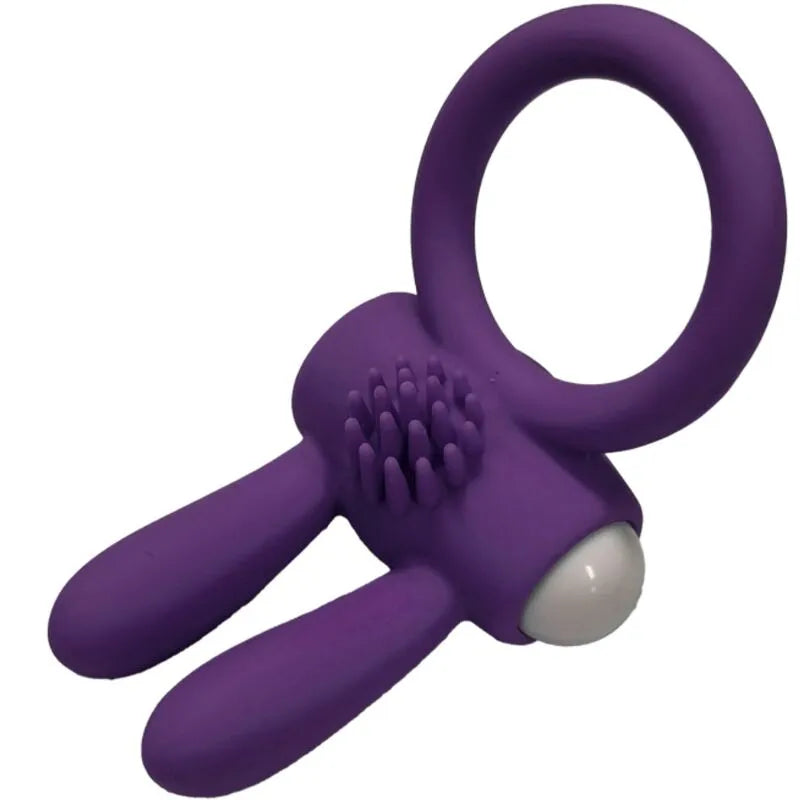 Anneau vibrant violet en silicone médical, étanche, ergonomique, avec texture stimulante, idéal pour moments intimes.
