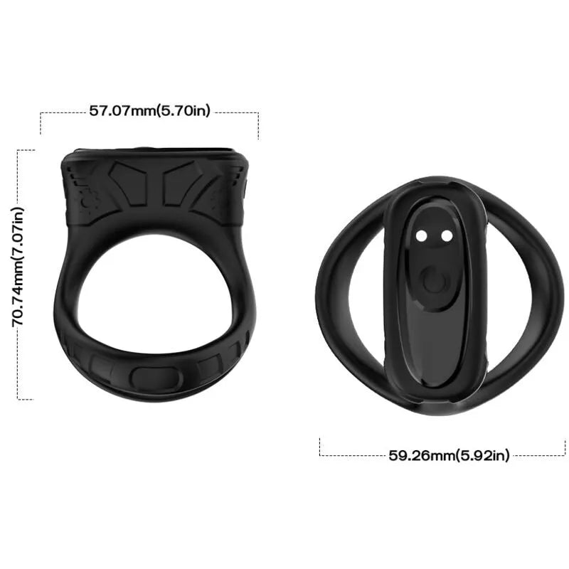Anneau vibrant noir en silicone médical, forme ergonomique, modes vibrations, rechargeable USB, étanche, compact.