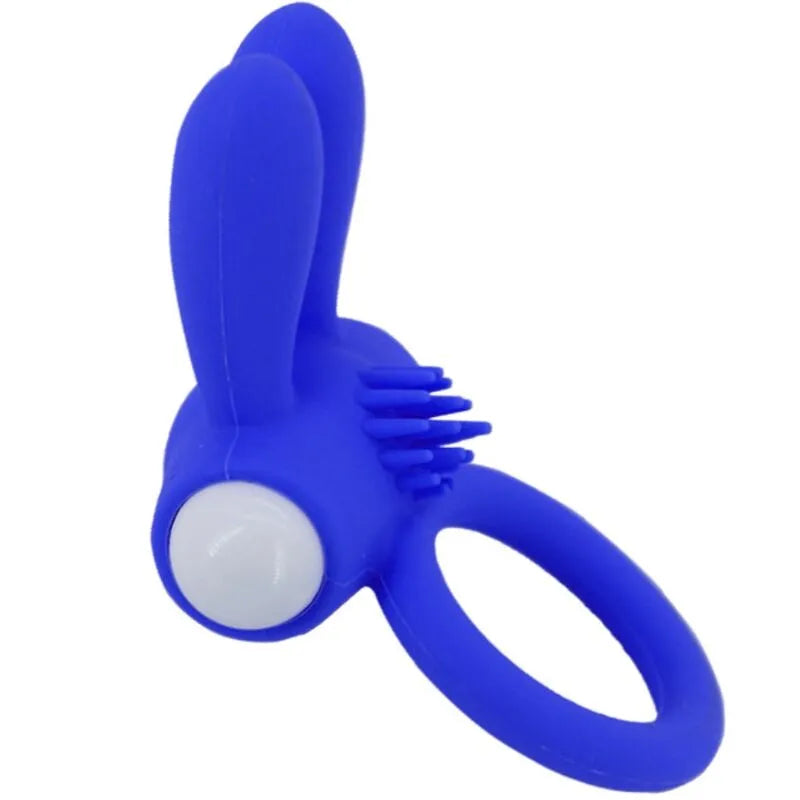 Anneau vibrant bleu en silicone médical, forme ergonomique avec oreilles et picots, étanche et extensible pour stimulation.