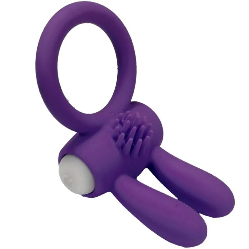 Anneau vibrant violet en silicone médical, forme ergonomique, étanche, avec détails texturés, idéal pour douche.