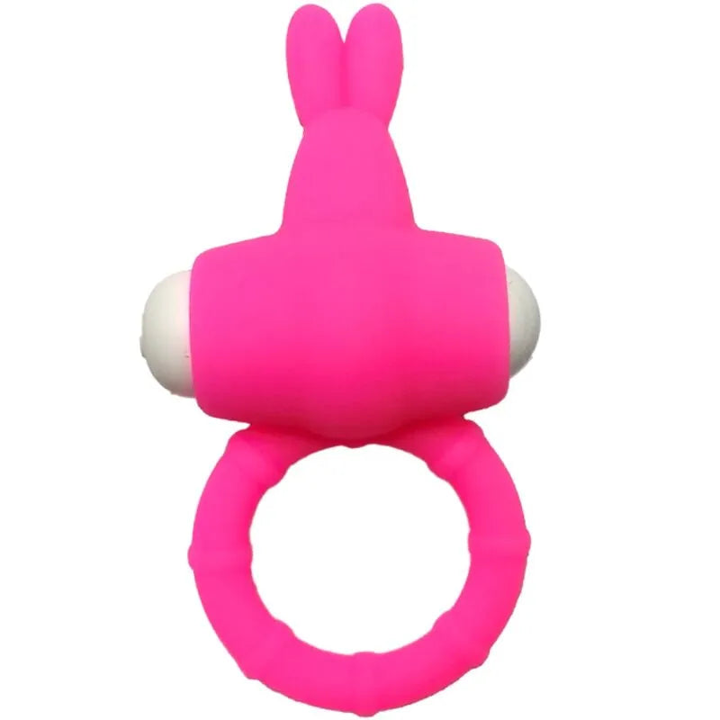 Anneau vibrant rose en silicone médical, forme ergonomique, étanche, stimulation intime, piles incluses.