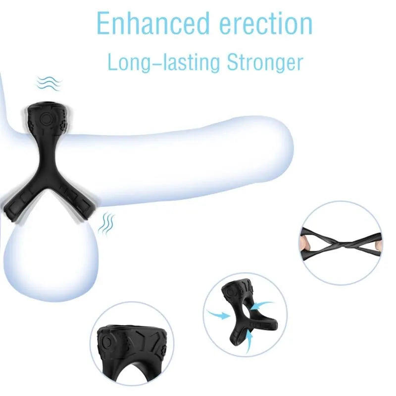 Anneau vibrant noir en silicone médical, design ergonomique, 9 modes de vibration, étanche, rechargeable USB.