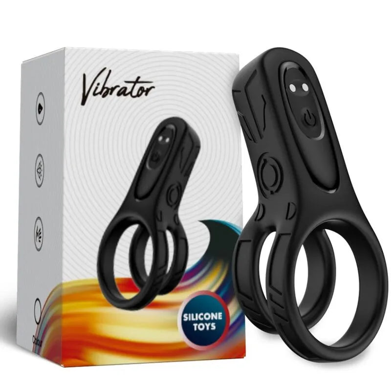 Anneau vibrant noir silicone médical, rechargeable, 9 modes, étanche, ergonomique, avec boîte illustrée.