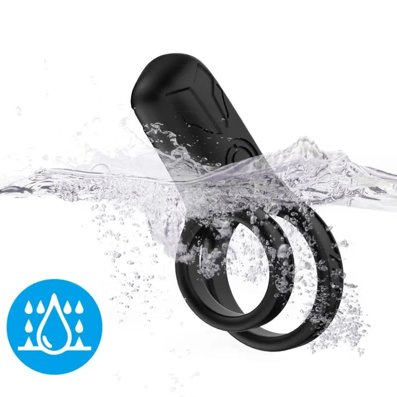 Anneau vibrant noir en silicone médical, étanche, avec double boucle et bouton, immergé dans l'eau, icône aquatique.