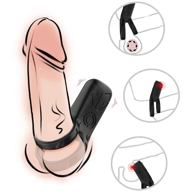 Anneau vibrant noir en silicone médical, ajustable, avec 9 modes de vibration, étanche et rechargeable, sur fond blanc.