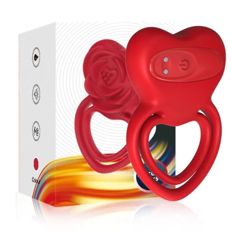 Anneau vibrant rouge en silicone médical, forme ergonomique, 9 modes, étanche, avec boîte d'emballage.