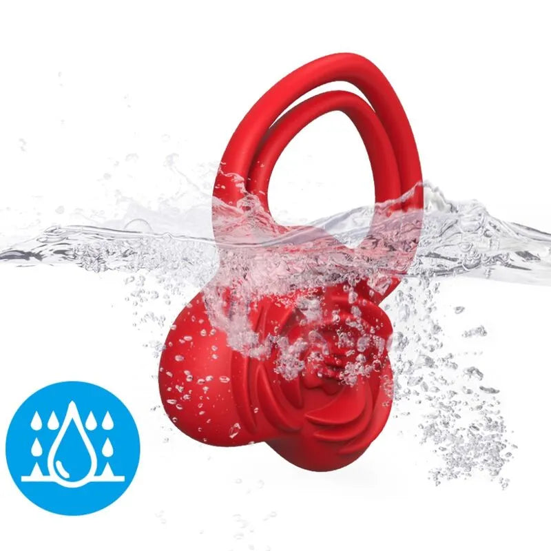 Anneau vibrant rouge en silicone médical étanche, sous l'eau, avec icône d'étanchéité, 9 modes de vibration.