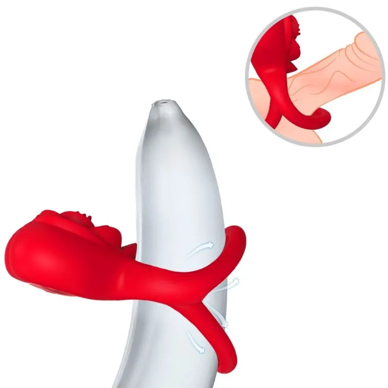 Anneau vibrant rouge en silicone médical, étanche, sur fond blanc, avec encart montrant l'utilisation sur un doigt.