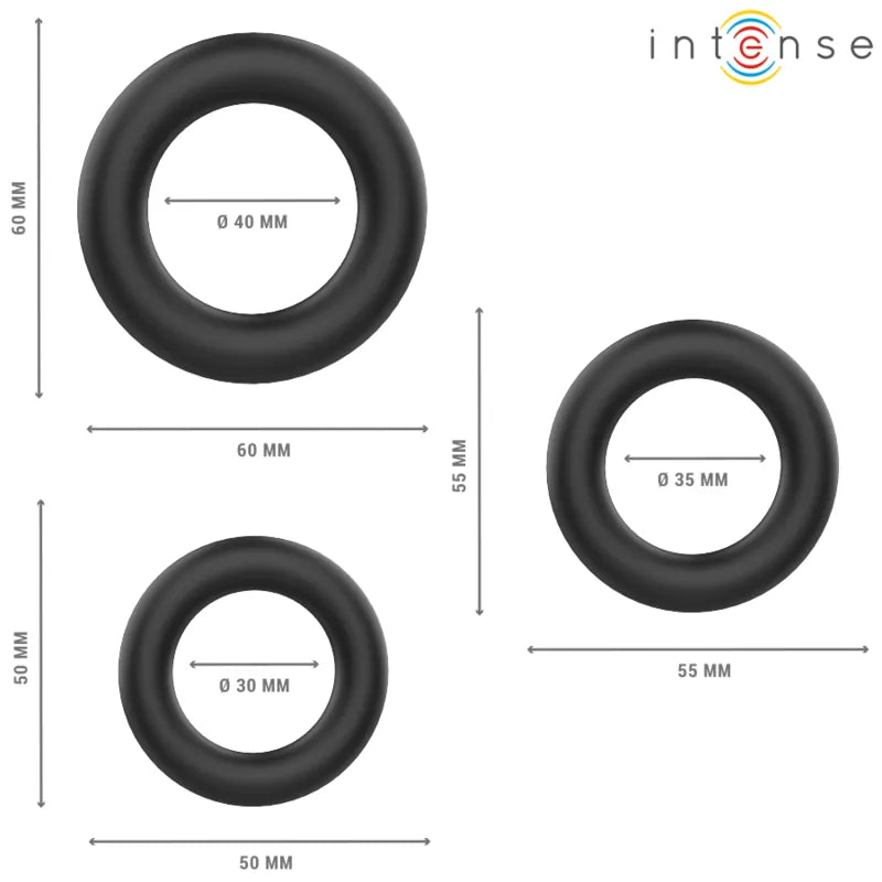 Anneaux en silicone noir INTENSE, trois tailles, ultra doux, sans phtalates, pour performance et plaisir sexuels.