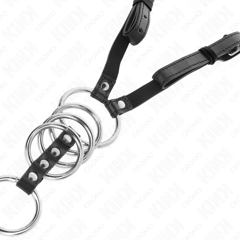 Anneaux péniens BDSM en cuir vegan noir et métal argenté, sangles réglables, design esthétique et durable.