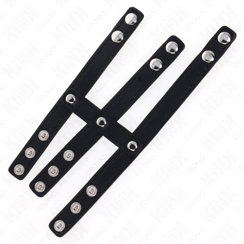 Anneaux péniens BDSM en cuir noir et acier inoxydable, réglables, avec pinces intégrées, finition polie.