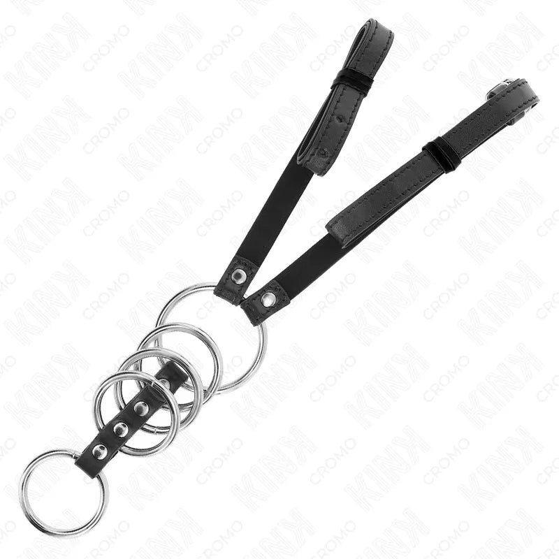 Anneaux péniens BDSM en cuir vegan noir et métal argenté, réglables avec sangles et pinces, design esthétique et durable.
