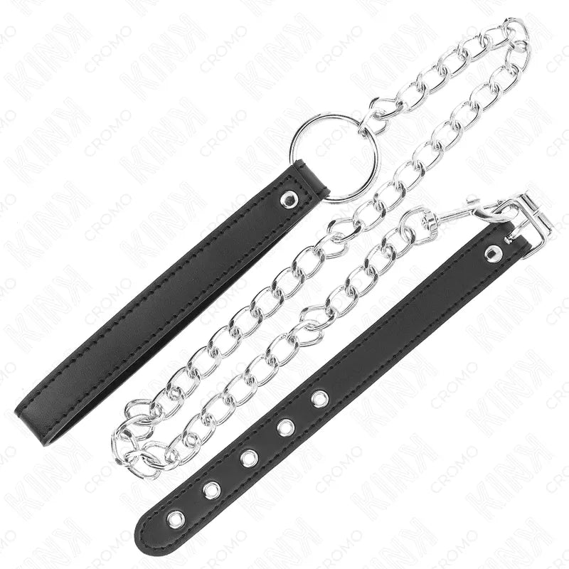 Anneau pénien cuir ajustable noir, chaîne métallique, pour BDSM, haute qualité, vegan, confortable, esthétique.
