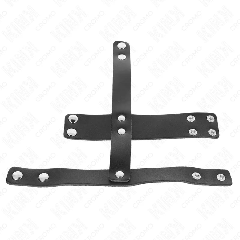 Anneaux péniens en cuir végan noir, ajustables, avec boutons pression, design ergonomique et élégant pour confort et plaisir.