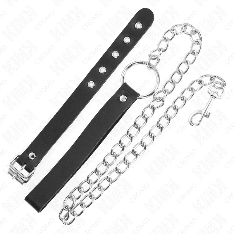Anneaux péniens cuir ajustable noir, design BDSM élégant, avec chaînes métalliques, luxe et confort pour plaisir raffiné.