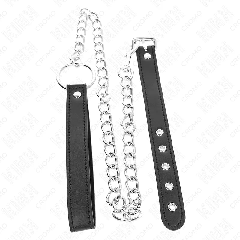 Anneau pénien ajustable en cuir noir avec chaîne métallique, design BDSM élégant et sécurisé.
