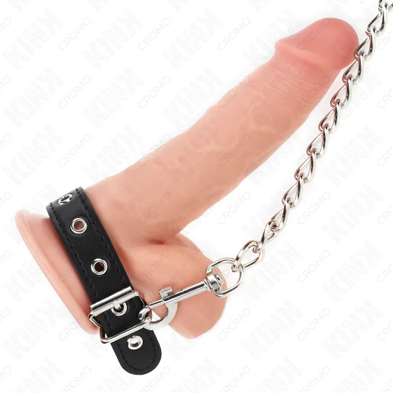 Anneau pénien cuir noir ajustable avec chaîne, design BDSM, haute qualité, confort et sécurité, pour plaisir intense.