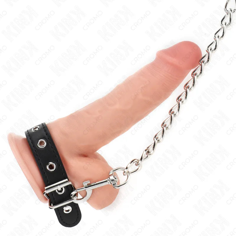 Anneau pénien cuir noir ajustable avec chaîne, design BDSM élégant et ergonomique pour plaisir raffiné.