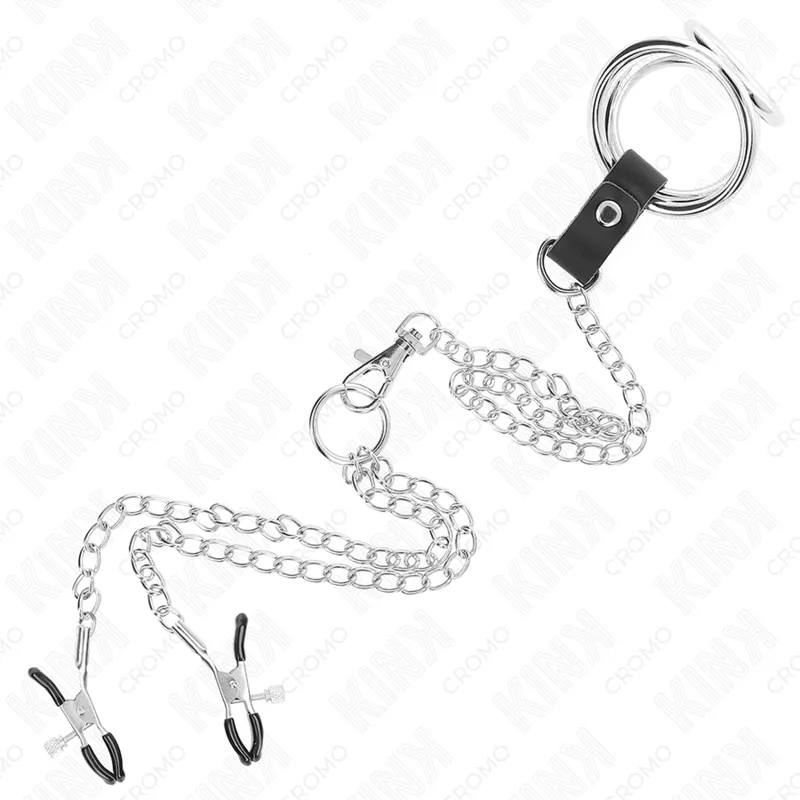 Anneaux péniens BDSM en cuir noir et acier inoxydable, chaînes argentées, finition polie, ajustable et ergonomique.