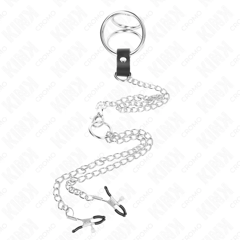 Anneaux péniens BDSM en cuir vegan et acier inoxydable, finition polie, chaîne réglable, stimulation et contrôle.