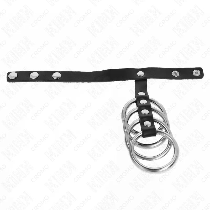 Anneaux péniens BDSM réglables en cuir noir avec boutons-pression, design élégant pour stimulation intense et confort.