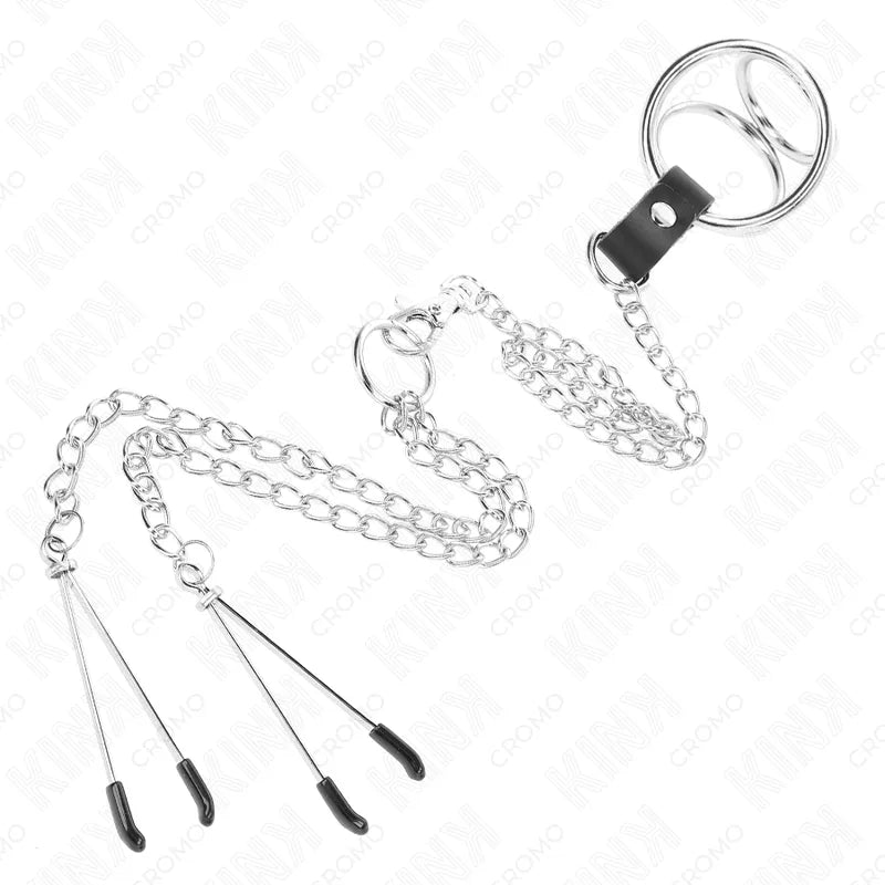 Anneau pénien cuir ajustable noir avec chaînes et pinces tétons intégrées, design élégant et durable pour jeux BDSM.