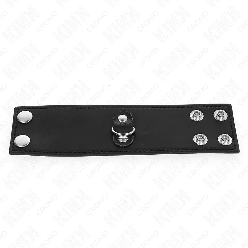 Anneau pénien ajustable en cuir noir, boutons pression argentés, design ergonomique, pour plaisir et contrôle BDSM.