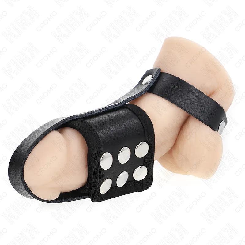 Anneau pénien cuir noir ajustable, design BDSM, boutons métalliques, confort et style pour plaisir prolongé.